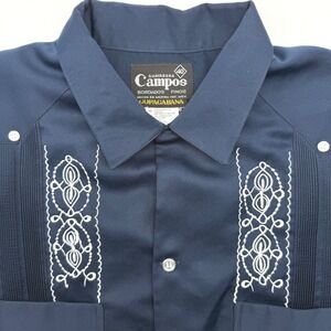 Campos Guayabera Shirt Men 40 Navy Blue Embroidered Short Sleeve Mexican Wedding
